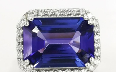 7.42 ct Blue Tanzanite & 0.50 ct D to F Diamond Designer Ring - 6.73 gr - 14 kt. White gold - Ring - 7.42 ct Tanzanite - Diamonds