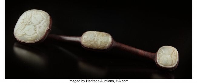 78447: A Chinese Carved White Jade and Hardwood Ruyi Sc