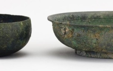 CHINESE FUNERARY JAR A footed bowl with elevated rim, diameter 5.4". Together with an ovoid bowl, diameter 4".