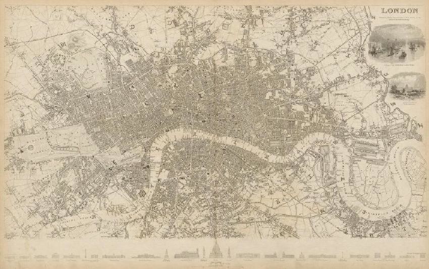 LONDON antique town city map plan. Building profiles.