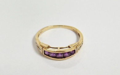 9ct gold, amethyst and diamond ring set five square amethyst...