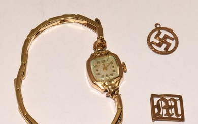 9ct gold watch by J.W.Benson together 2 x gold charms