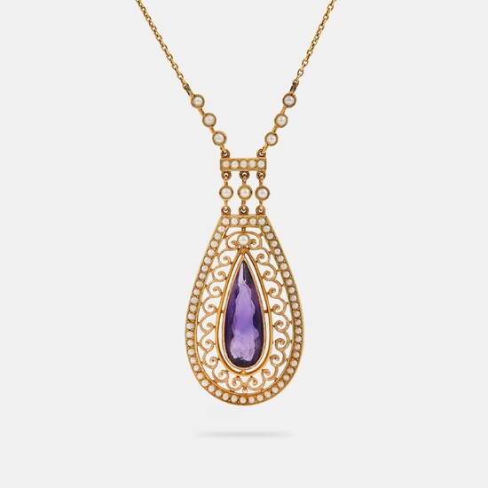 A 14K gold necklace set with a faceted amethyst and pearls