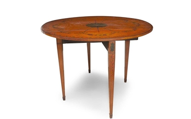 A 19TH CENTURY SHERATON STYLE PAINTED SATINWOOD DROP LEAF TABLE
