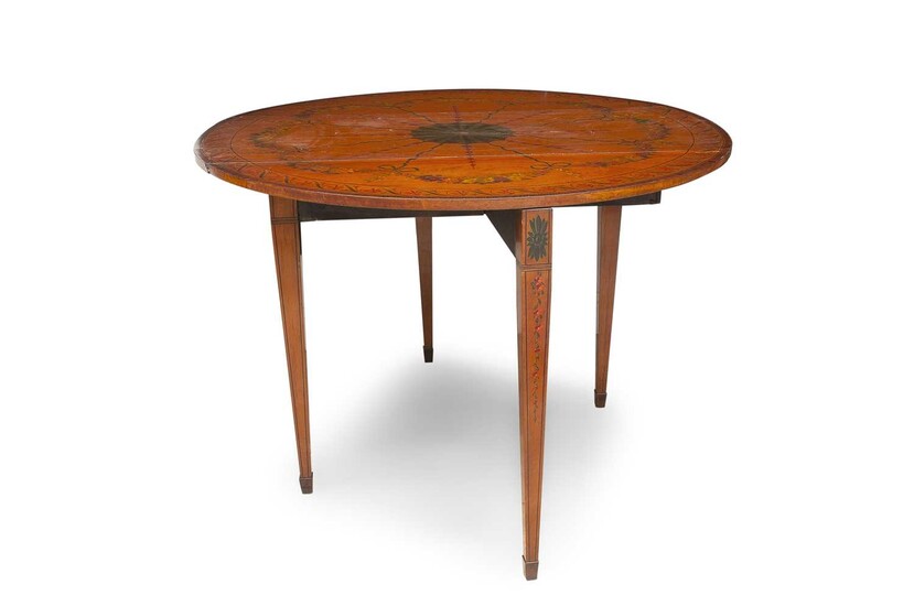 A 19TH CENTURY SHERATON STYLE PAINTED SATINWOOD DROP LEAF TABLE