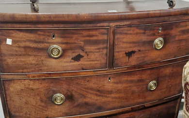 A 19th C. MAHOGANY BOW FRONT CHEST OF TWO SHORT AND TWO LONG DRAWERS. W 91 x D 52 x H 91cms.