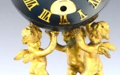 A 20th Century French table clock with three Cherubs holding a sphere aloft