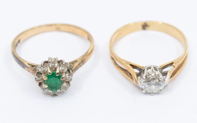 A 9ct gold emerald and diamond cluster ring, size M1/2,...
