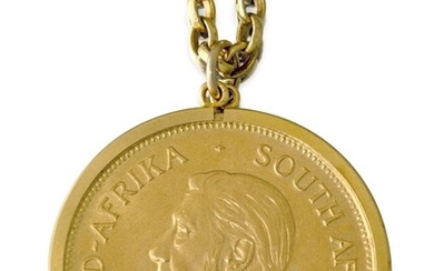 A 9ct gold pendant mounted South African Krugerrand coin, 1974, to a 9ct gold cable link neck chain, approx. length 72cm, gross weight approx. 53.7g