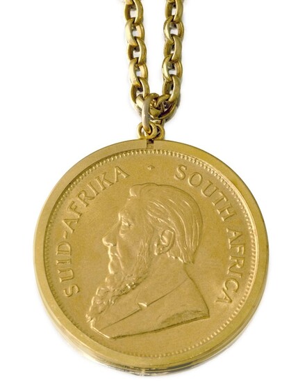 A 9ct gold pendant mounted South African Krugerrand coin, 1974, to a 9ct gold cable link neck chain, approx. length 72cm, gross weight approx. 53.7g