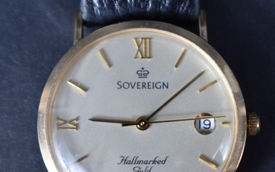 A 9ct gold wrist watch by Sovereign having Roman numeral and baton dial with date aperture to