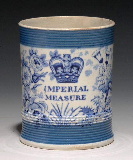 A BLUE PRINTED EARTHENWARE IMPERIAL MEASURE, C1840 half pin...