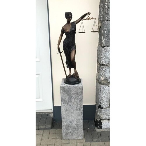 A BRONZE GARDEN FIGURE OF BLIND LADY JUSTICE, on stone plint...