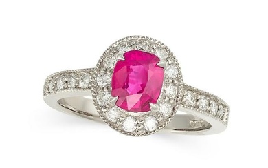 A BURMA NO HEAT RUBY AND DIAMOND RING in 18ct white gold, set with a cushion cut ruby of 1.08 car...