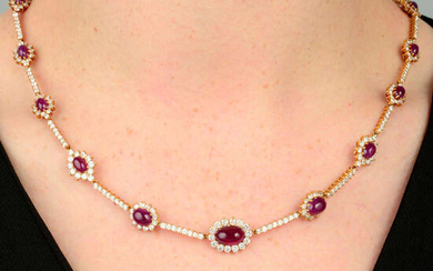 A Burmese ruby and diamond cluster necklace.