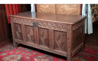 A CHARLES II OAK JOINED COFFER with a guilloche-carved frie...