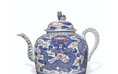 A CHINESE UNDERGLAZE BLUE AND IRON-RED PORCELAIN MONUMENTAL TEAPOT AND COVER