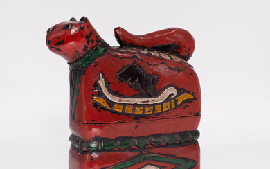 A Carved Wood and Red Lacquer Cat Shaped Box, Japan, Late 19th Century