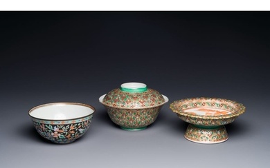 A Chinese Bencharong bowl, covered bowl and tazza for the Th...