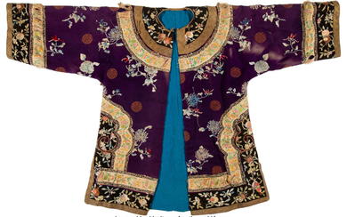 A Chinese Purple Ground Embroidered Floral Silk Robe