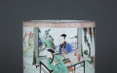 A Chinese Wucai Glazed Porcelain Brush Pot of Figures Story