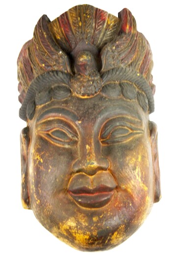 A Chinese carved and painted wooden mask of the goddess Guanyin, H. 38cm. Condition: overall condition good, some wear to paint and rubbing