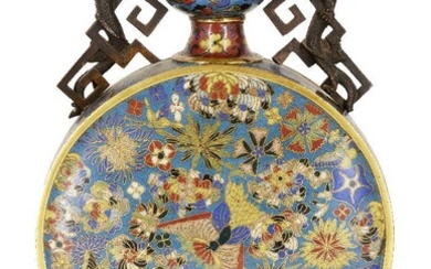 A Chinese cloisonné moonflask, Jiaqing period, the body of flattened circular form densely decorated with a butterfly surrounded by floral sprays, cast with chilong handles, 30cm high Provenance: Maurice Collis (1889-1975) Collection