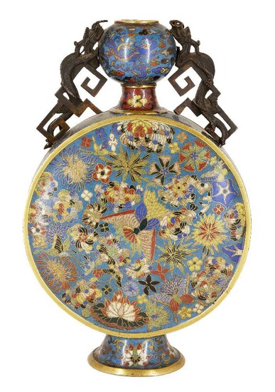 A Chinese cloisonné moonflask, Jiaqing period, the body of flattened circular form densely decorated with a butterfly surrounded by floral sprays, cast with chilong handles, 30cm high Provenance: Maurice Collis (1889-1975) Collection