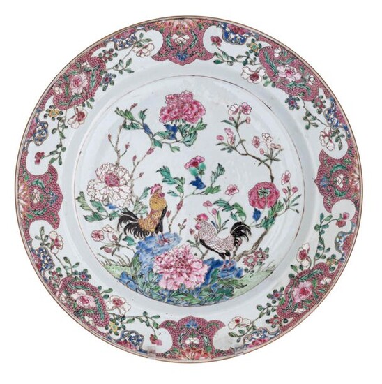 A Chinese famille rose export porcelain plate, decorated with cockerels...