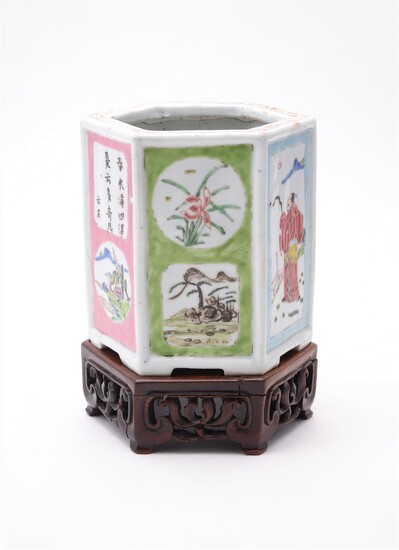 A Chinese hexagonal 'Famille Rose' brush pot