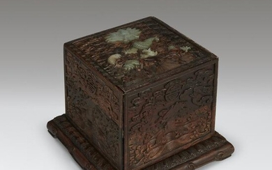 A Chinese jade-embellished hardwood seal box