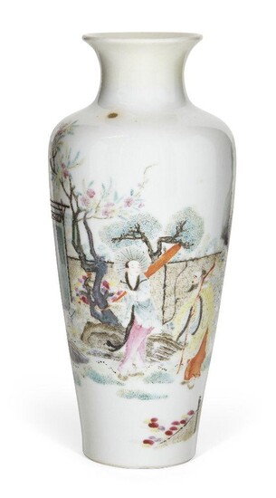 A Chinese porcelain famille rose vase, Republic period, painted with figures in a garden beneath a flowering prunus tree, apocryphal iron-red enamel six-character Qianlong seal mark to the base, 22cm high