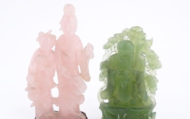A Chinese rose quartz figural group carving depicting two female figures. Together with a carving