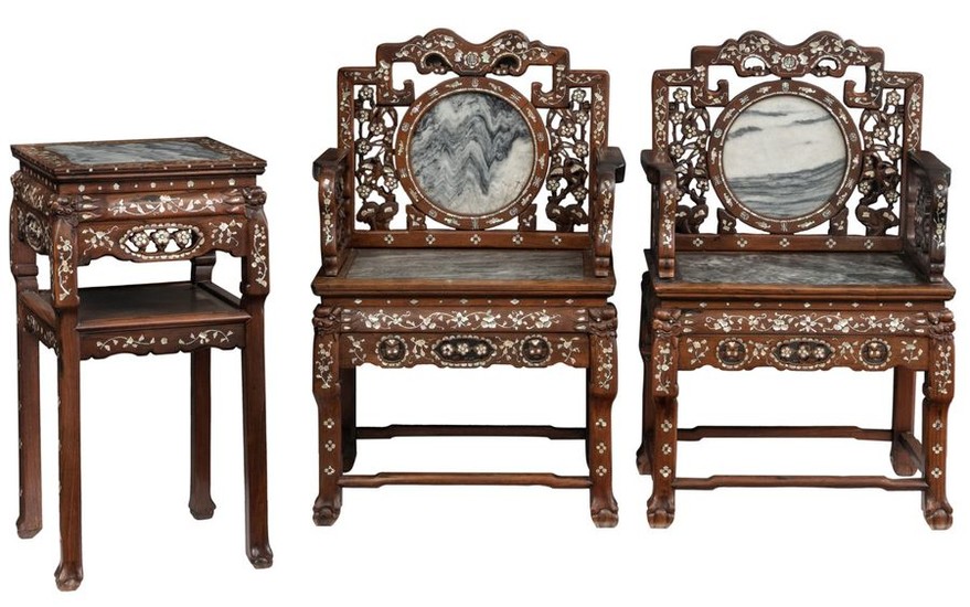A Chinese rosewood furniture set, with inlaid marble...