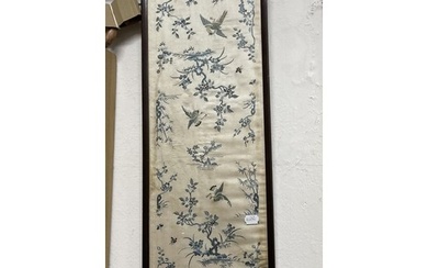 A Chinese silk embroidered panel, decorated birds and foliag...