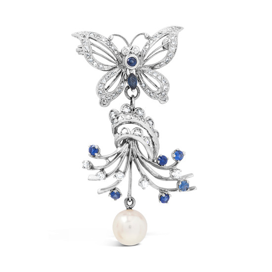 A Cultured Pearl, Sapphire, Diamond and White Gold Brooch/Pendant