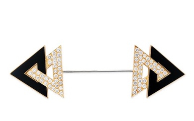 A DIAMOND AND ONYX JABOT PIN BROOCH terminating at each end with a double arrow head, set with po...