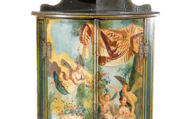 A DUTCH PAINTED BOWFRONT HANGING CORNER CUPBOARD