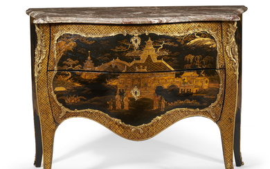 A FRENCH ORMOLU-MOUNTED BLACK AND GILT JAPANNED COMMODE POSSIBLY INCORPORATIN...