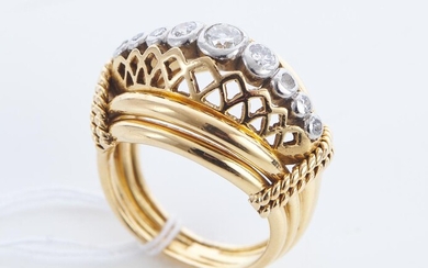 A FRENCH RETRO DESIGN DIAMOND RING COMPRISING NINE ROUND BRILLIANT CUT DIAMONDS IN A DOMED OPENWORK SURROUND IN 18CT GOLD, HALLMARK...