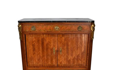 A French Louis XVI style ormolu mounted marquetry kingwood marble topped secretaire cabinet