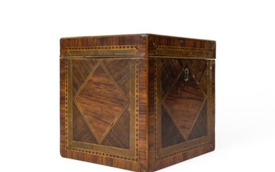 A GEORGE III TEA CADDY OF CUBE FORM, variously inlaid with v...
