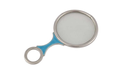 A GEORGE V STERLING SILVER AND BLUE GUILLOCHE ENAMEL MAGNIFYING GLASS