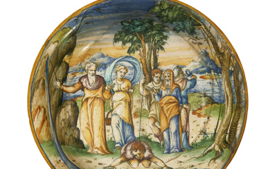 A ITALIAN MAIOLICA ISTORIATO SHALLOW BOWL ATTRIBUTED TO THE WORKSHO...