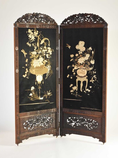 A Japanese hardwood, embroidered and painted two-fold screen