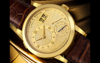 A. LANGE & SÖHNE. A VERY RARE 18K GOLD LIMITED EDITION WRISTWATCH WITH OVERSIZED DATE, POWER RESERVE INDICATION AND GOLD ESCAPEMENT, MADE TO COMMEMORATE THE OPENING OF THE NEW PRODUCTION FACILITY IN 1998 LANGE 1A MODEL, LIMITED TO 100 PIECES, REF...