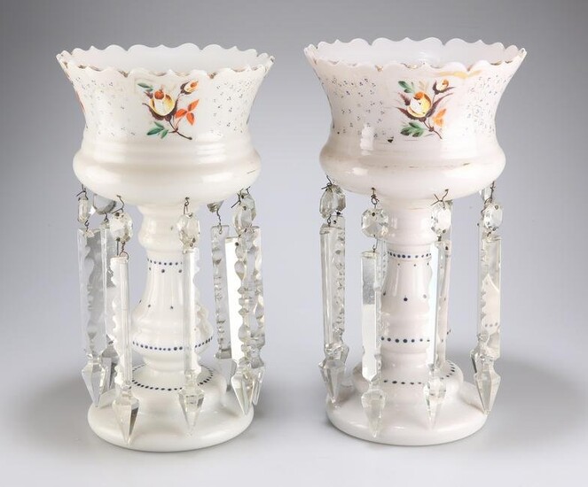 A LARGE PAIR OF 19TH CENTURY OPALINE WHITE GLASS LUSTRES