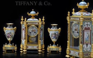 A Museum Quality 19th C. Tiffany & Co. Sevres Hand Painted Signed Champleve Bronze Clock Set