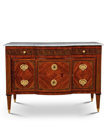 A NORTH ITALIAN STAINED FRUITWOOD AND ROSEWOOD PARQUETRY TULIPWOOD COMMODE, ATTRIBUTED TO GIUSEPPE VIGLIONE, TURIN, LATE 18TH CENTURY