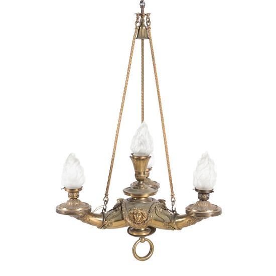 A Neoclassical Gilt Bronze Four-Light Chandelier with Frosted Glass Shades